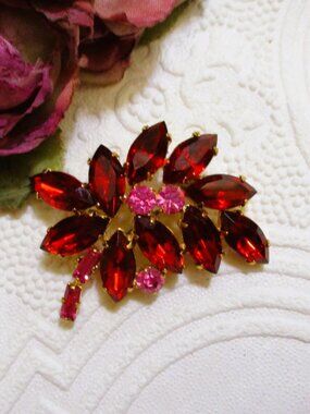 VINTAGE Rhinestone Brooch: Red Magenta Floral Gold Plate Statement Jewelry